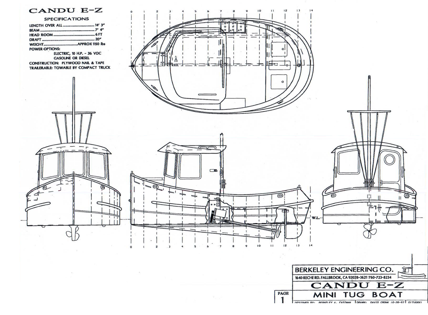 The original CANDU E-Z schematic — plan, profile, bow and stern views drawn in black and white by Berkeley Engineering